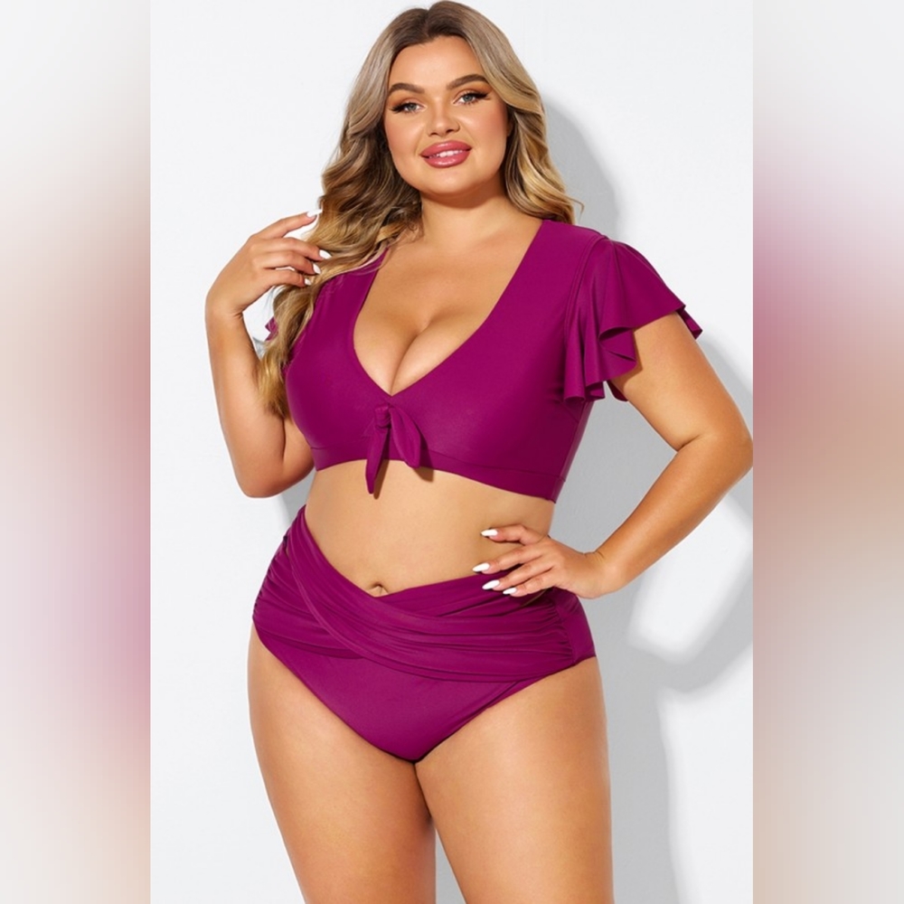 NEW NWT Plus Size MeetCurve Purple Flutter Sleeve Top & Brief Bikini Bottom 4XL